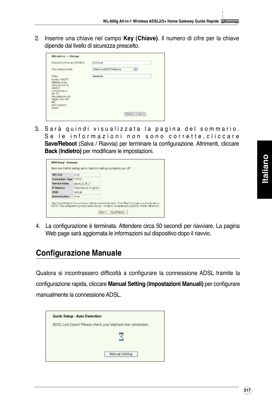 Italiano, Configurazione manuale | Asus WL-600g User Manual | Page 218 / 417