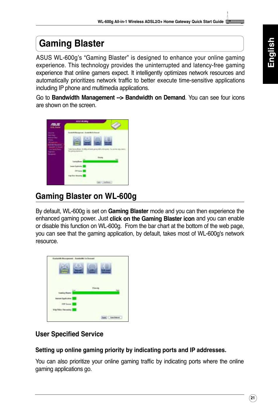 Gaming blaster, English, Gaming blaster on wl-600g | Asus WL-600g User Manual | Page 22 / 417