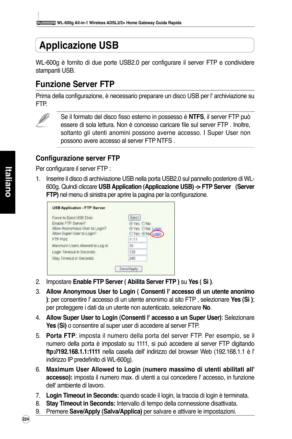 Applicazione usb, Italiano, Funzione server ftp | Asus WL-600g User Manual | Page 225 / 417