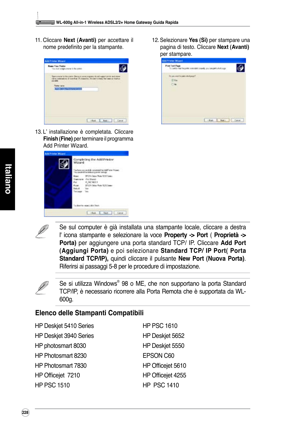 Italiano, Elenco delle stampanti compatibili | Asus WL-600g User Manual | Page 229 / 417