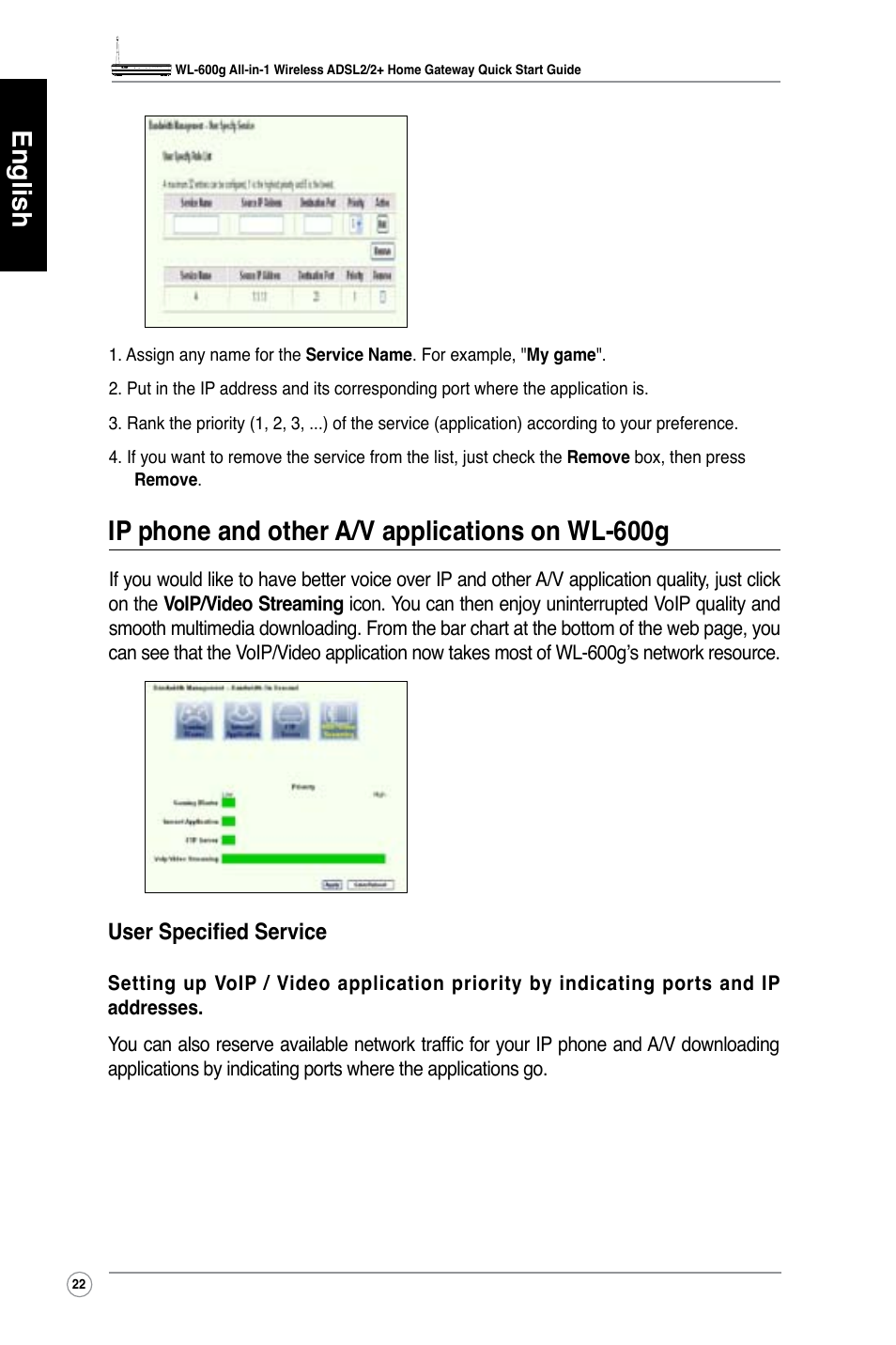 English, Ip phone and other a/v applications on wl-600g | Asus WL-600g User Manual | Page 23 / 417