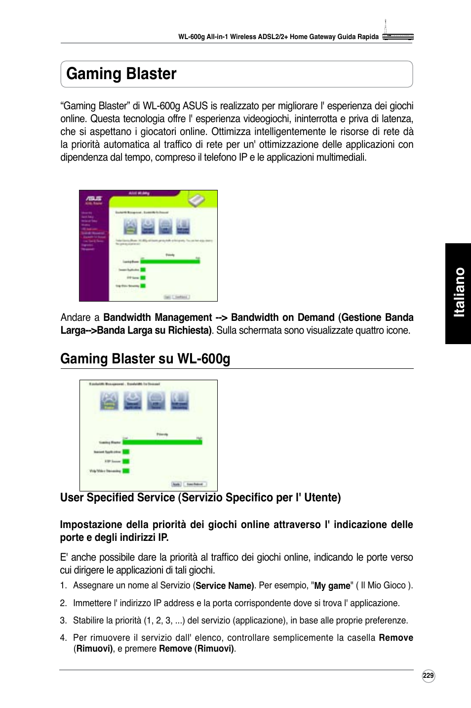 Gaming blaster, Italiano, Gaming blaster su wl-600g | Asus WL-600g User Manual | Page 230 / 417