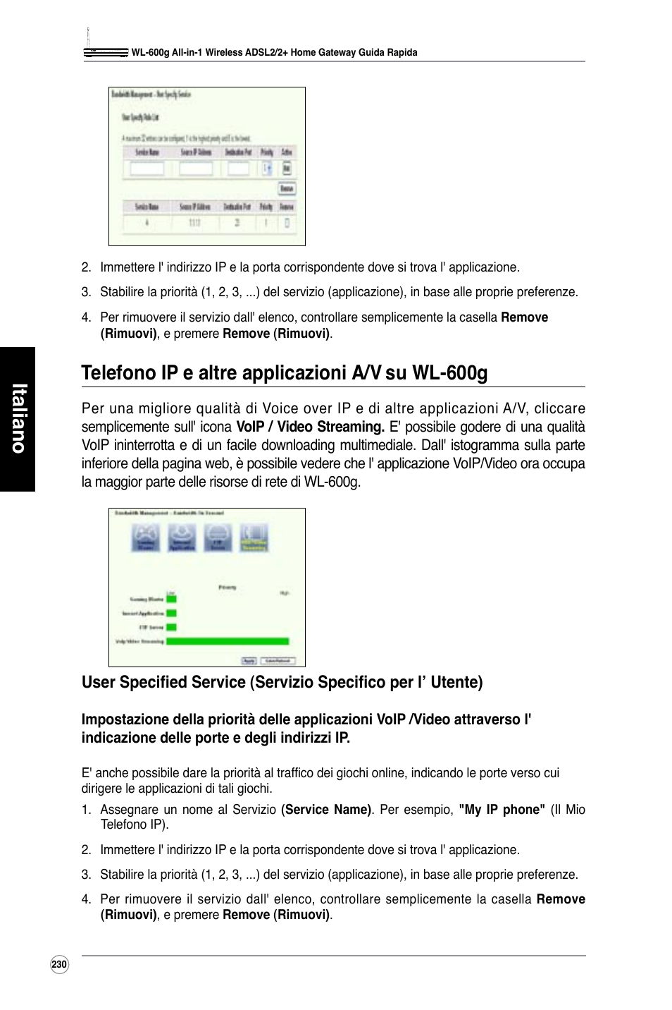 Italiano, Telefono ip e altre applicazioni a/v, Su wl-600g | Asus WL-600g User Manual | Page 231 / 417