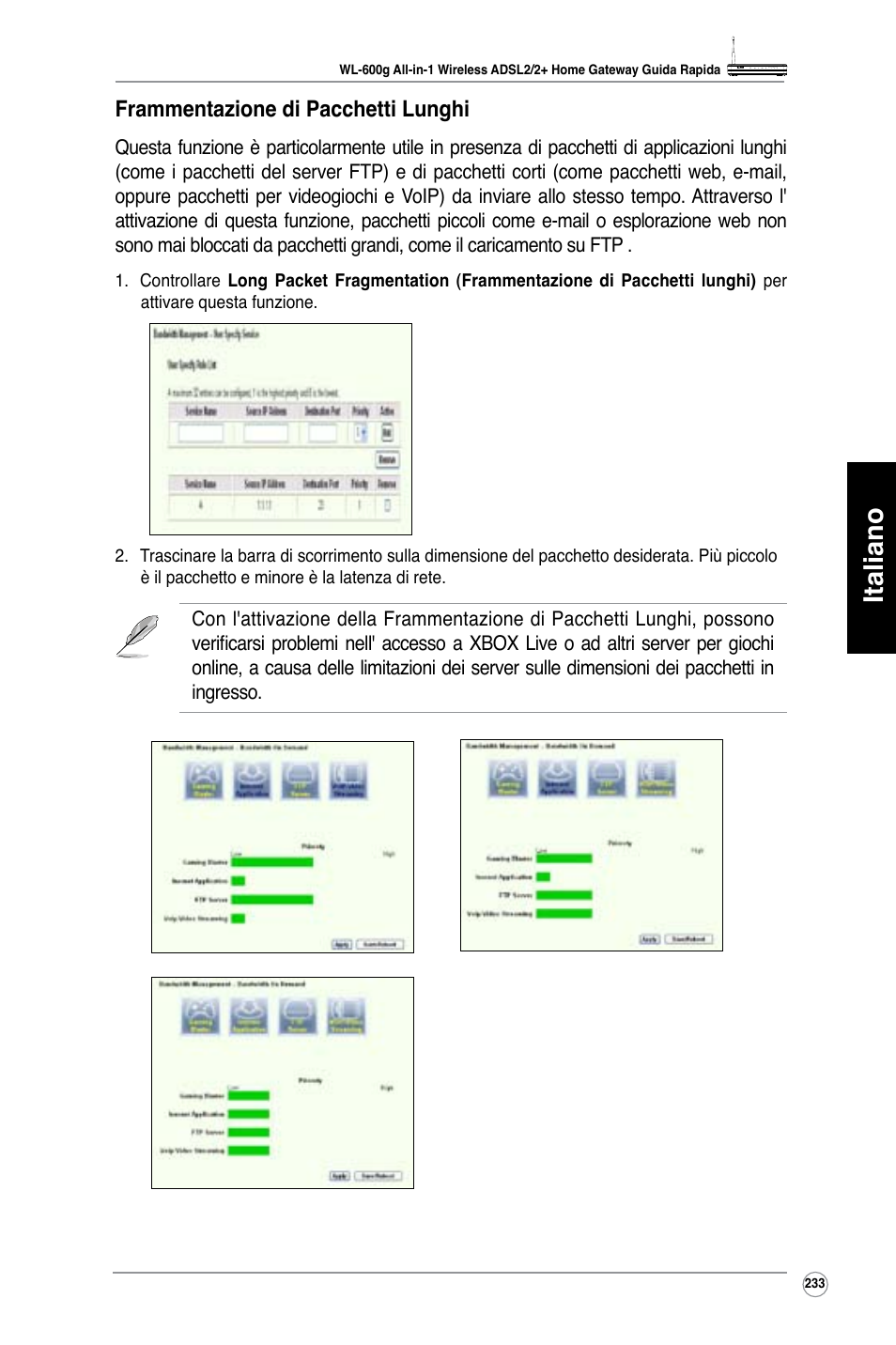 Italiano, Frammentazione di pacchetti lunghi | Asus WL-600g User Manual | Page 234 / 417