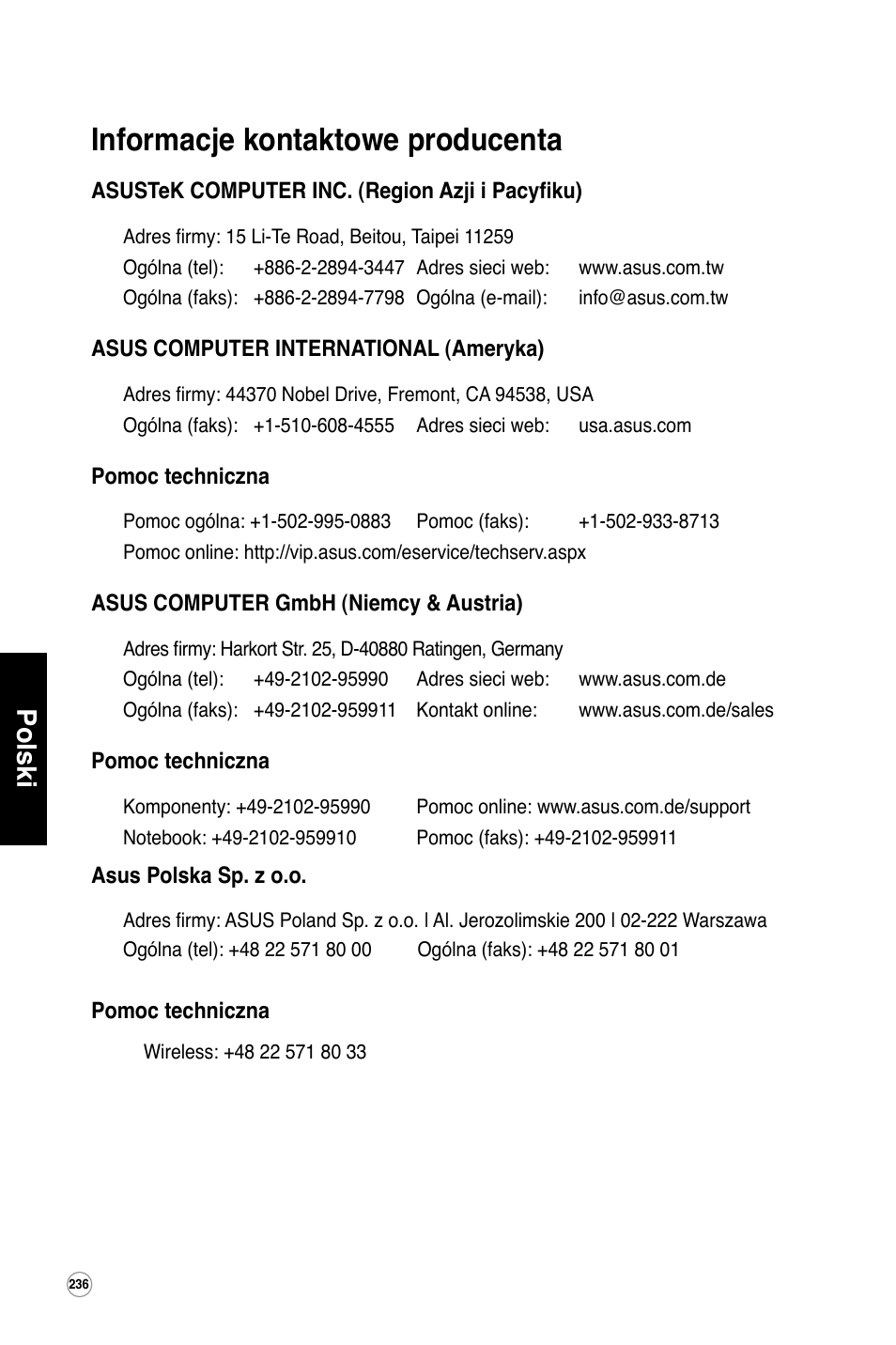 Informacje kontaktowe producenta, Polski | Asus WL-600g User Manual | Page 237 / 417