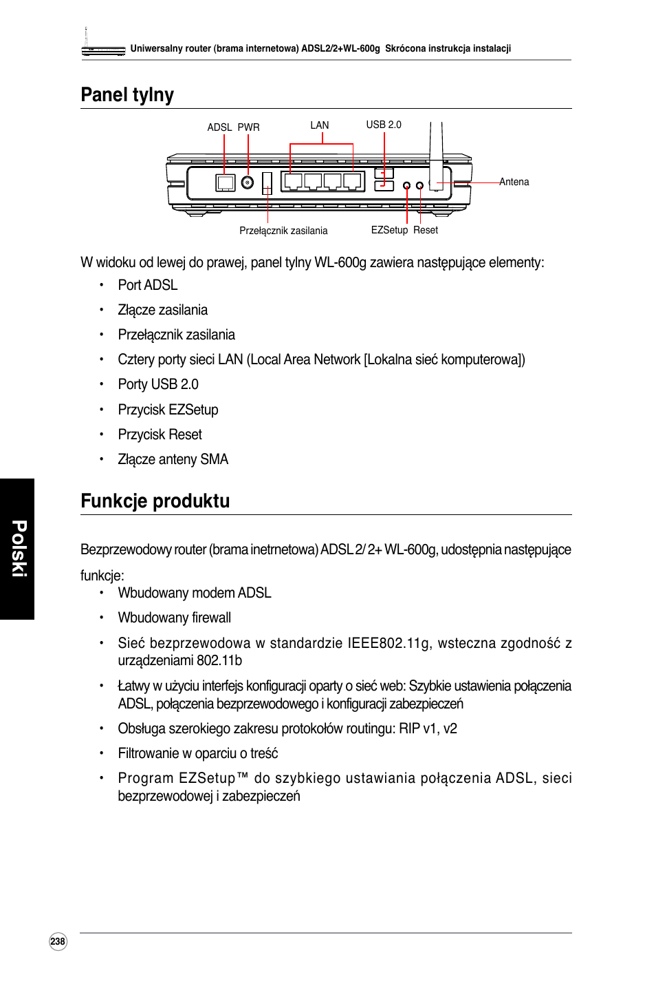 Polski panel tylny, Funkcje produktu | Asus WL-600g User Manual | Page 239 / 417