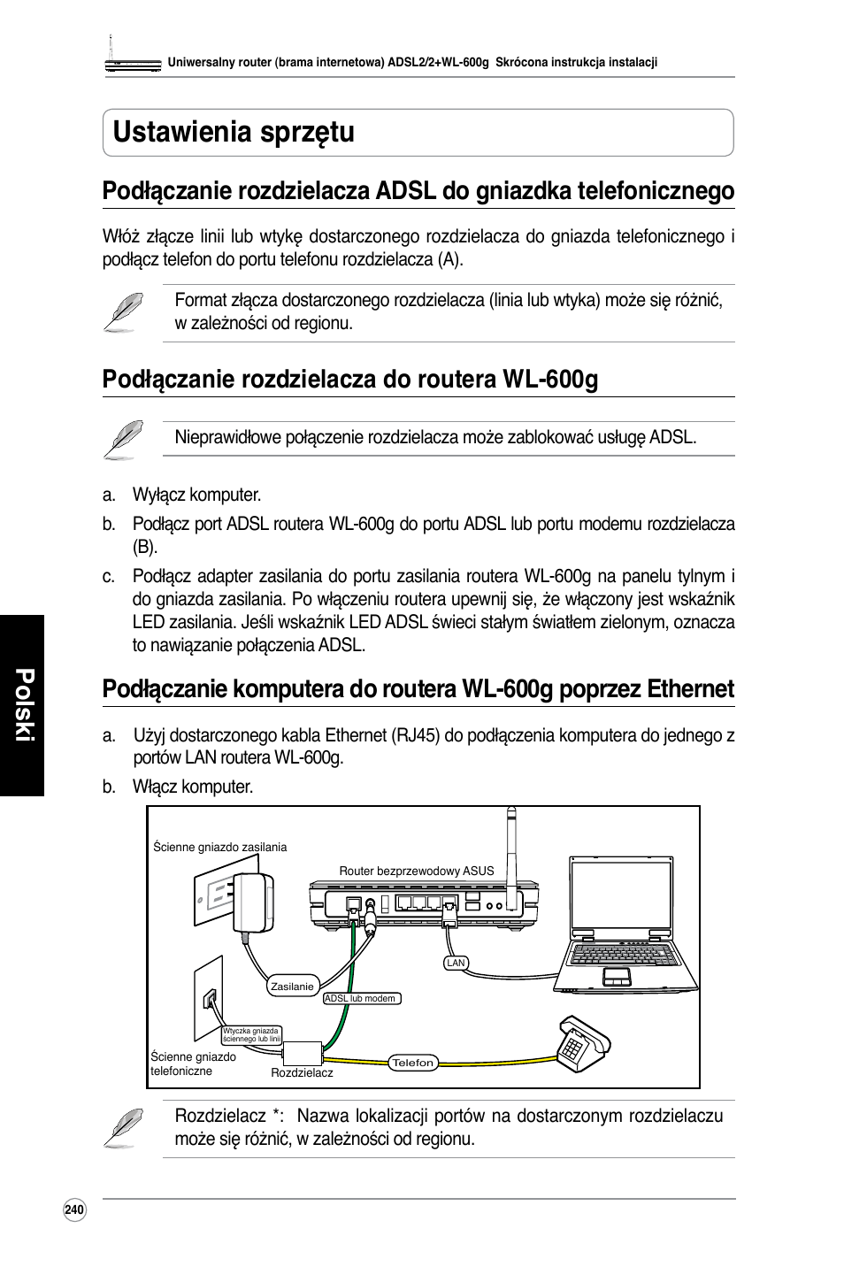 Ustawienia sprzętu, Polski, Podłączanie rozdzielacza do routera wl-600g | Asus WL-600g User Manual | Page 241 / 417