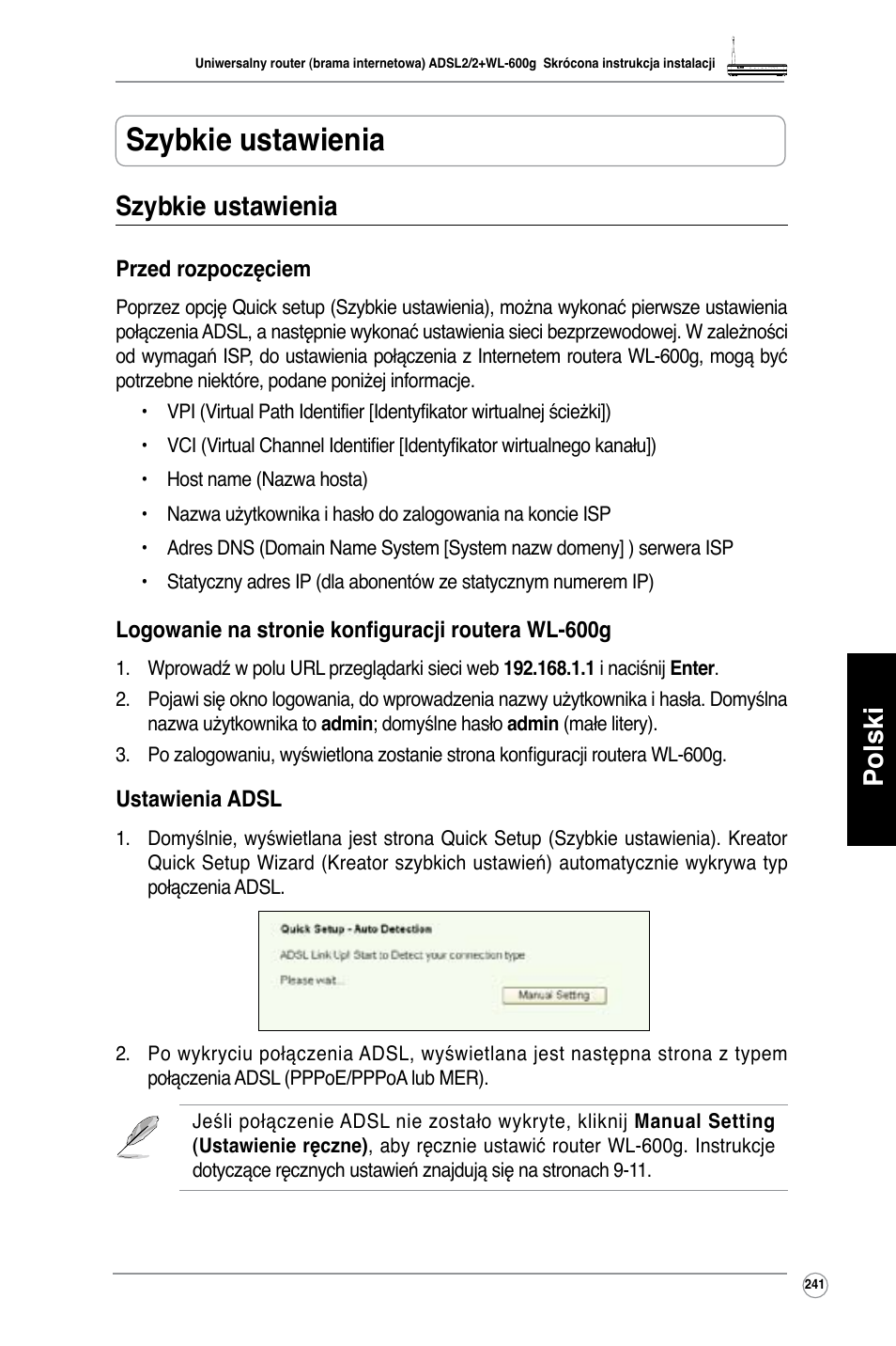 Szybkie ustawienia, Polski szybkie ustawienia | Asus WL-600g User Manual | Page 242 / 417