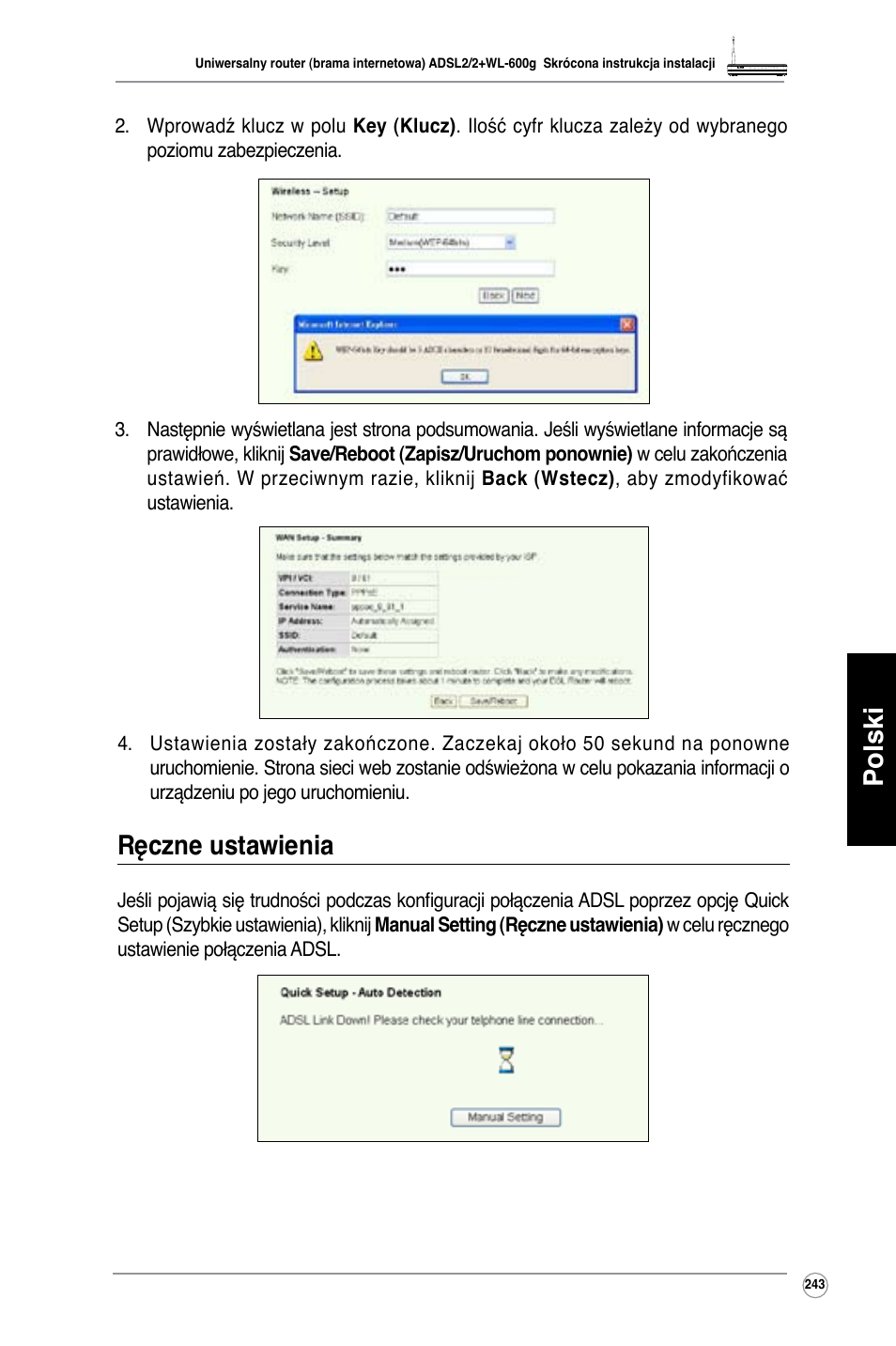 Polski, Ręczne ustawienia | Asus WL-600g User Manual | Page 244 / 417