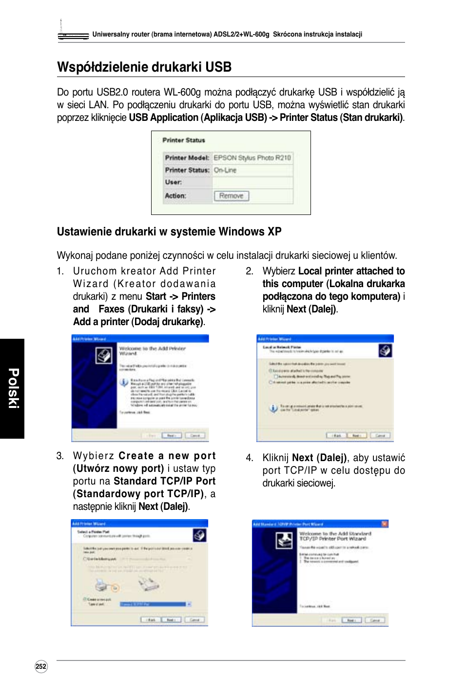 Polski współdzielenie drukarki usb | Asus WL-600g User Manual | Page 253 / 417