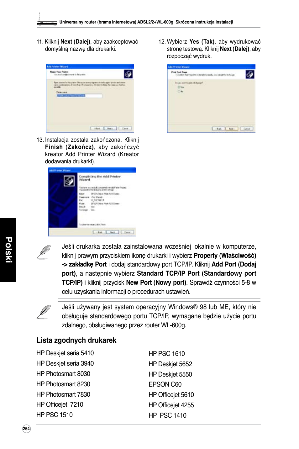 Polski, Lista zgodnych drukarek | Asus WL-600g User Manual | Page 255 / 417