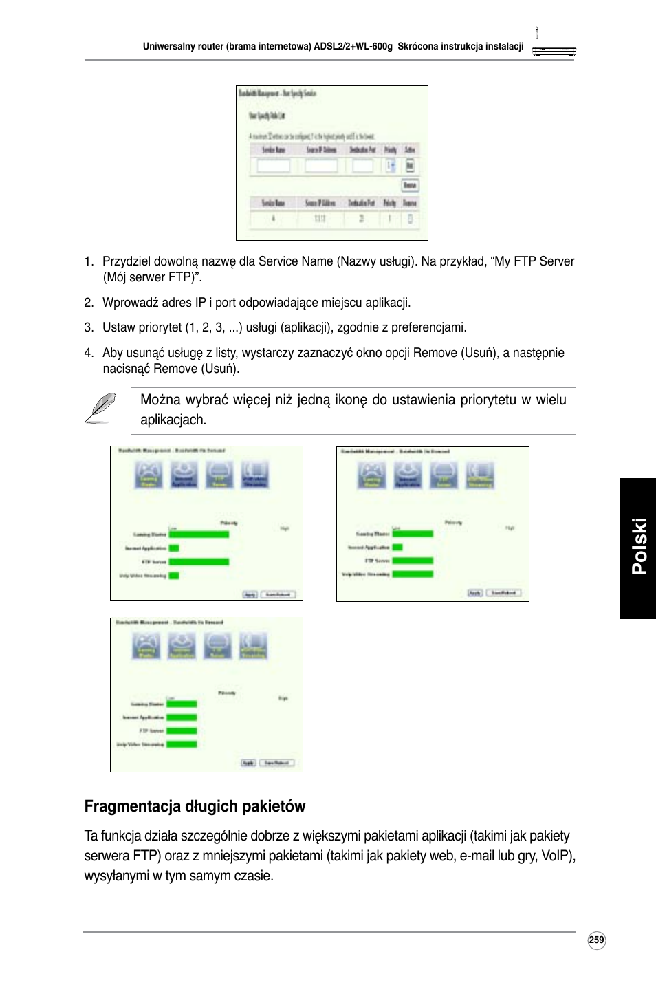 Polski, Fragmentacja długich pakietów | Asus WL-600g User Manual | Page 260 / 417