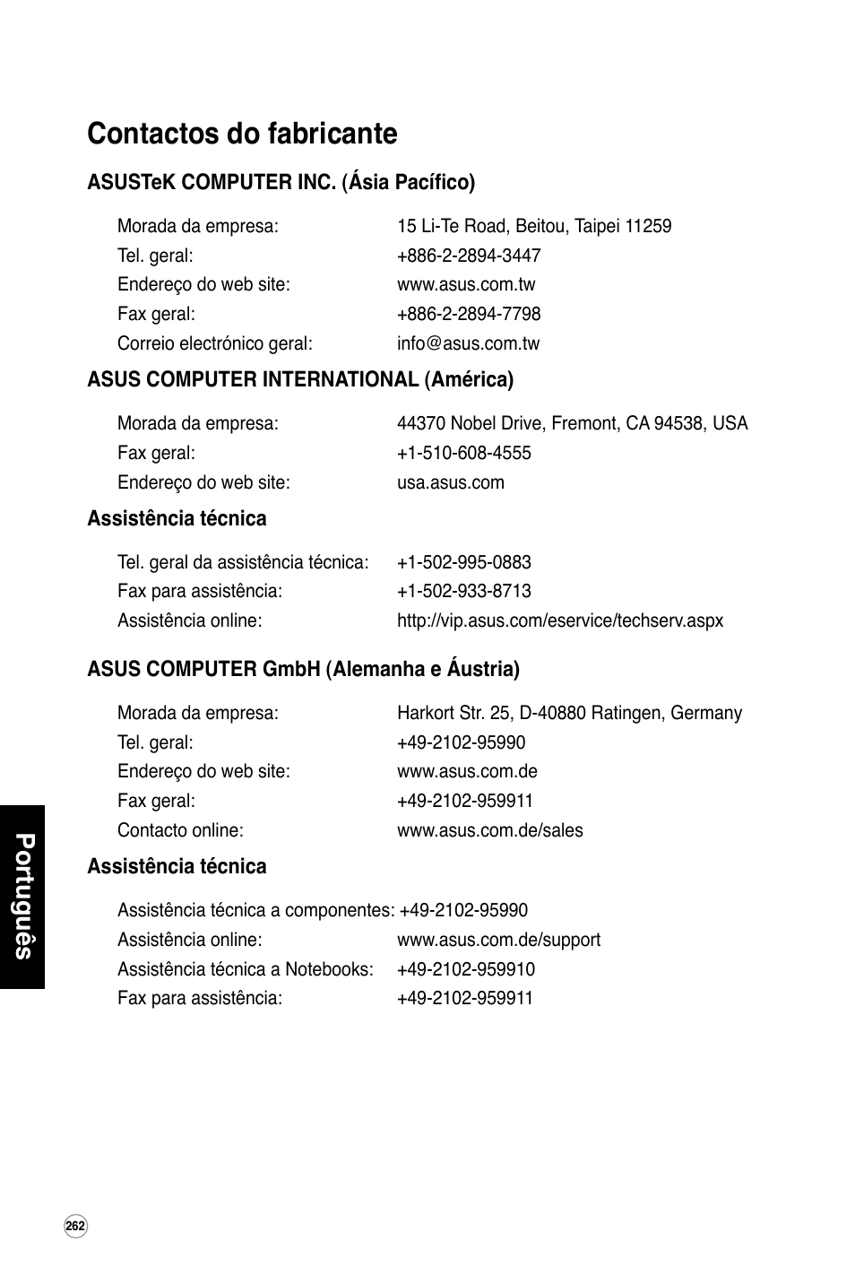 Contactos do fabricante, Português | Asus WL-600g User Manual | Page 263 / 417