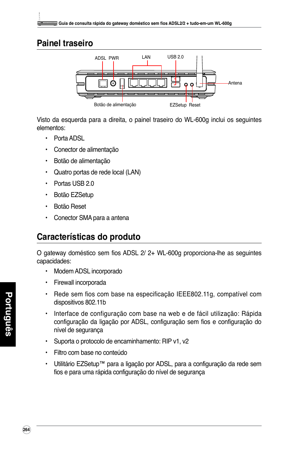 Português painel traseiro, Características do produto | Asus WL-600g User Manual | Page 265 / 417