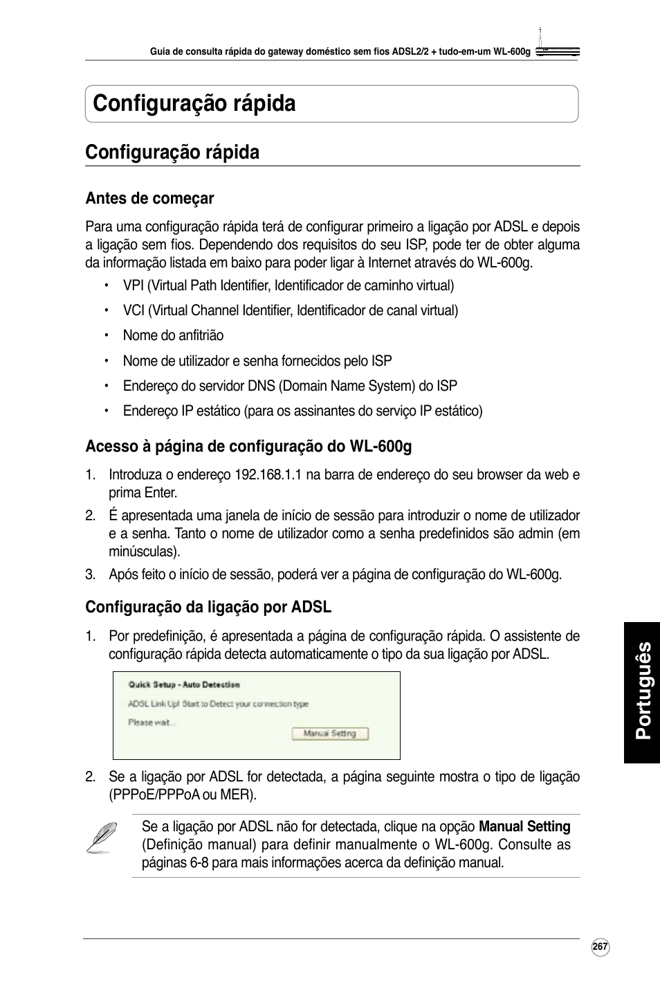 Configuração rápida, Português configuração rápida | Asus WL-600g User Manual | Page 268 / 417