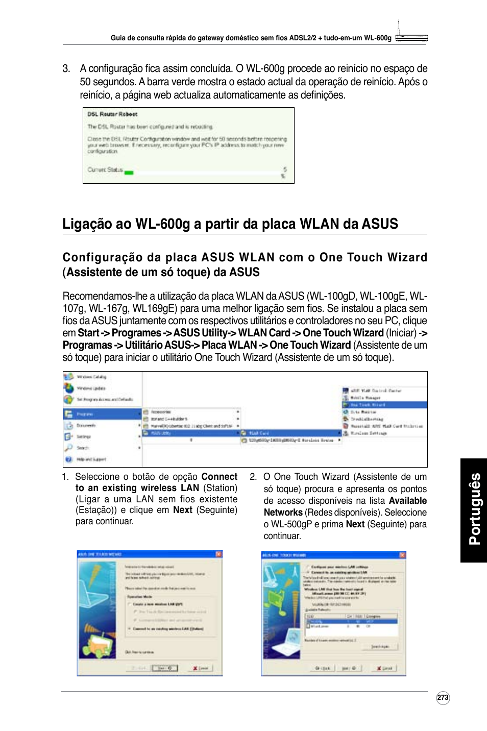 Português, Ligação ao wl-600g a partir da placa wlan da asus | Asus WL-600g User Manual | Page 274 / 417