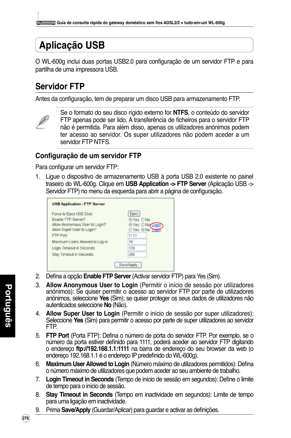 Aplicação usb, Português, Servidor ftp | Asus WL-600g User Manual | Page 277 / 417