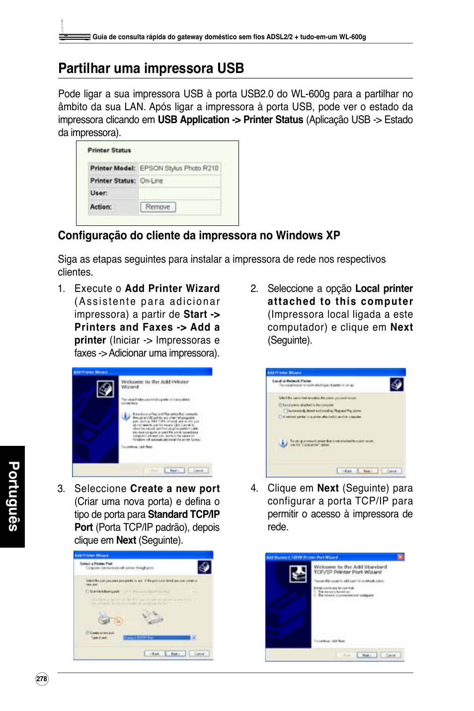 Português partilhar uma impressora usb | Asus WL-600g User Manual | Page 279 / 417