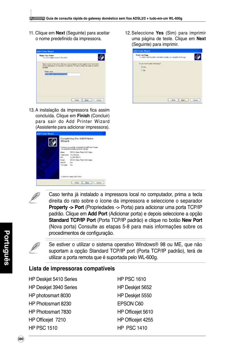 Português, Lista de impressoras compatíveis | Asus WL-600g User Manual | Page 281 / 417