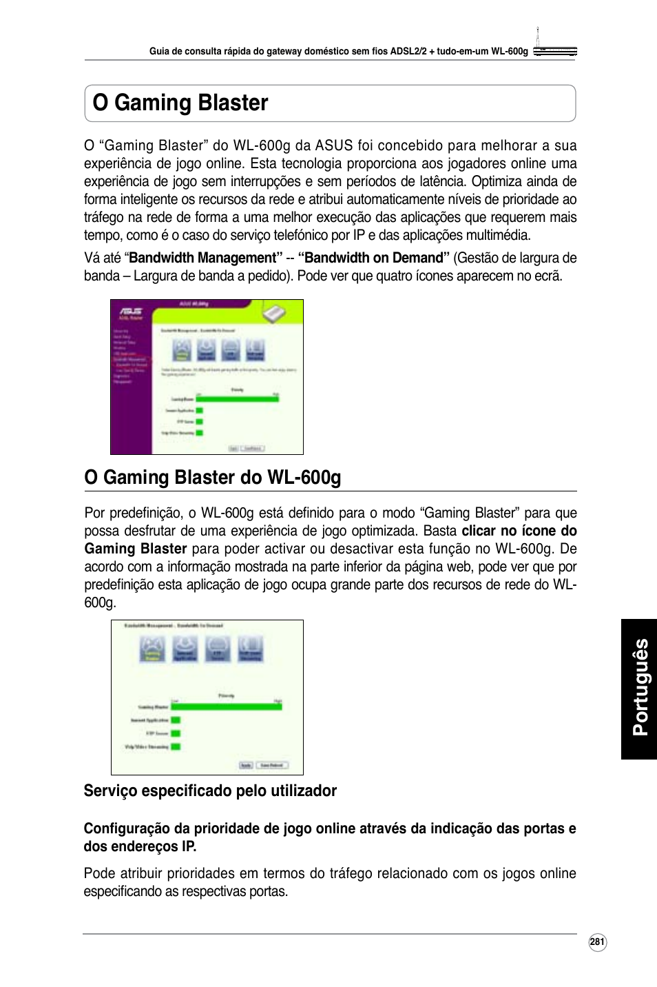 O gaming blaster, Português, O gaming blaster do wl-600g | Asus WL-600g User Manual | Page 282 / 417