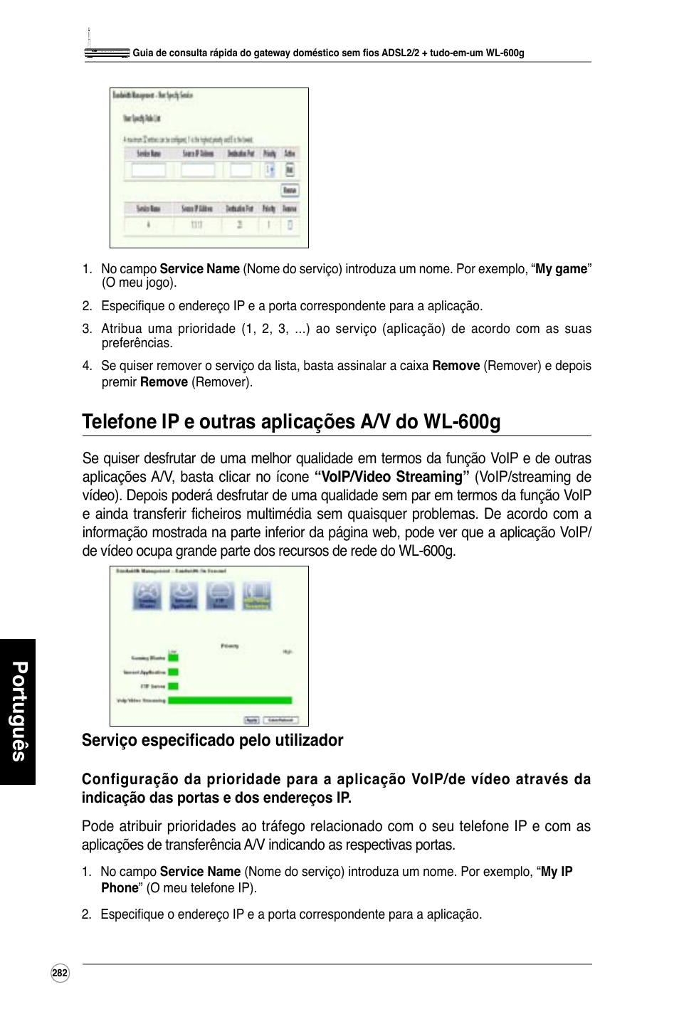 Português, Telefone ip e outras aplicações a/v do wl-600g, Serviço especificado pelo utilizador | Asus WL-600g User Manual | Page 283 / 417