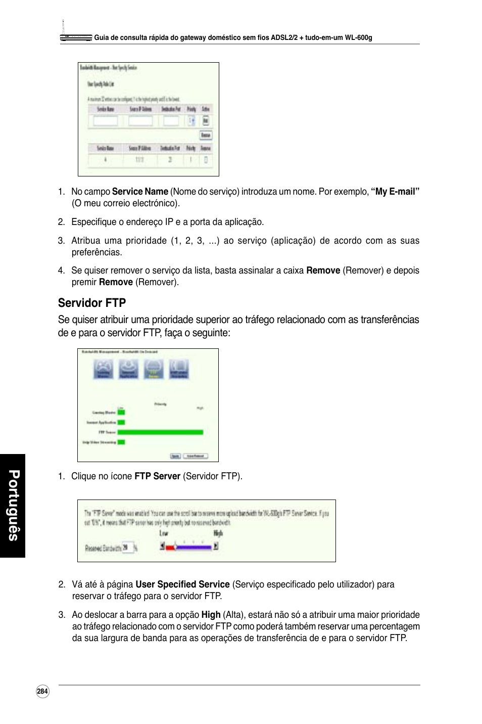 Português, Servidor ftp | Asus WL-600g User Manual | Page 285 / 417