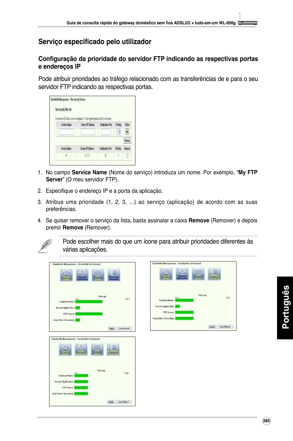 Português, Serviço especificado pelo utilizador | Asus WL-600g User Manual | Page 286 / 417