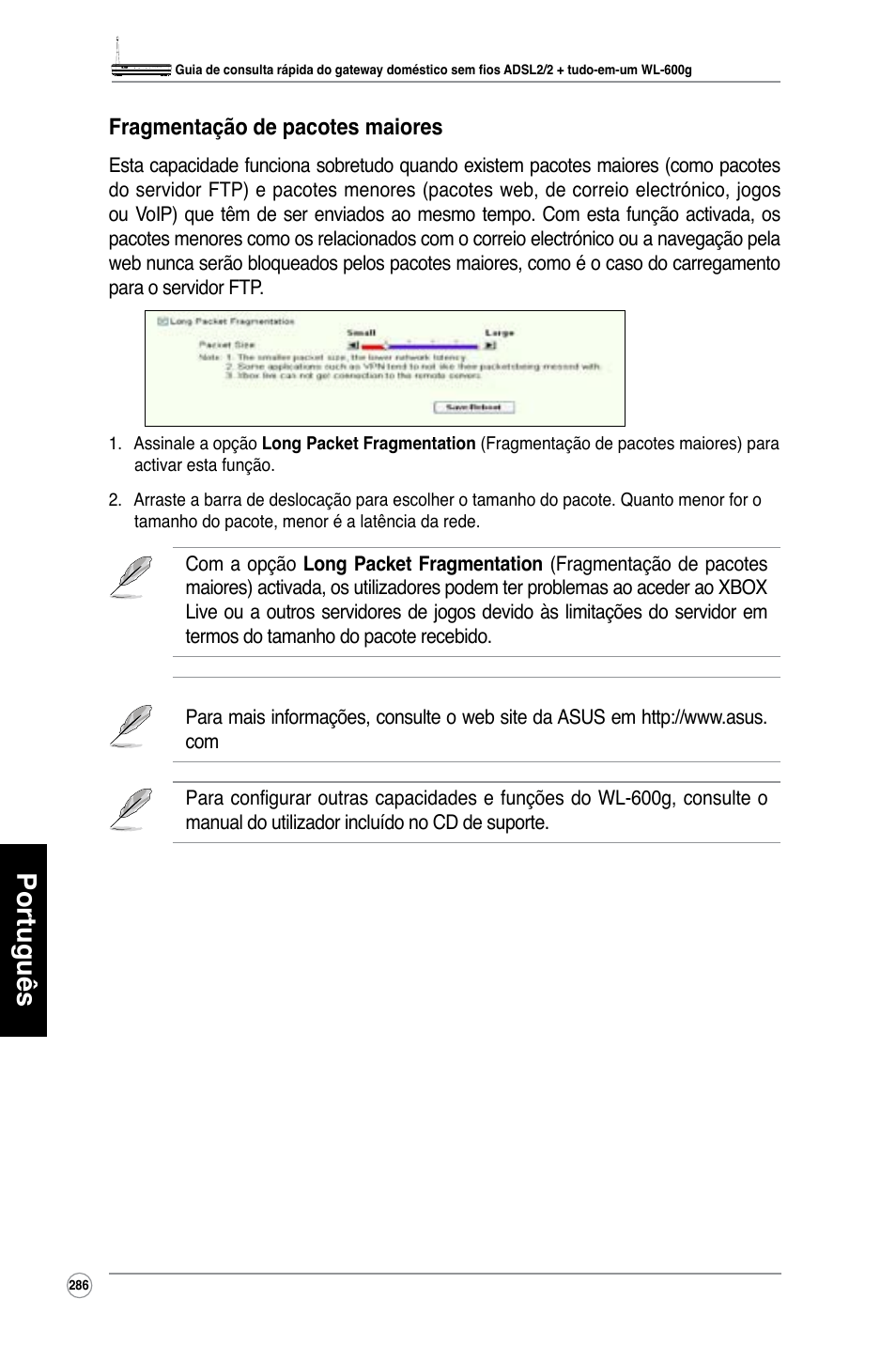 Português, Fragmentação de pacotes maiores | Asus WL-600g User Manual | Page 287 / 417