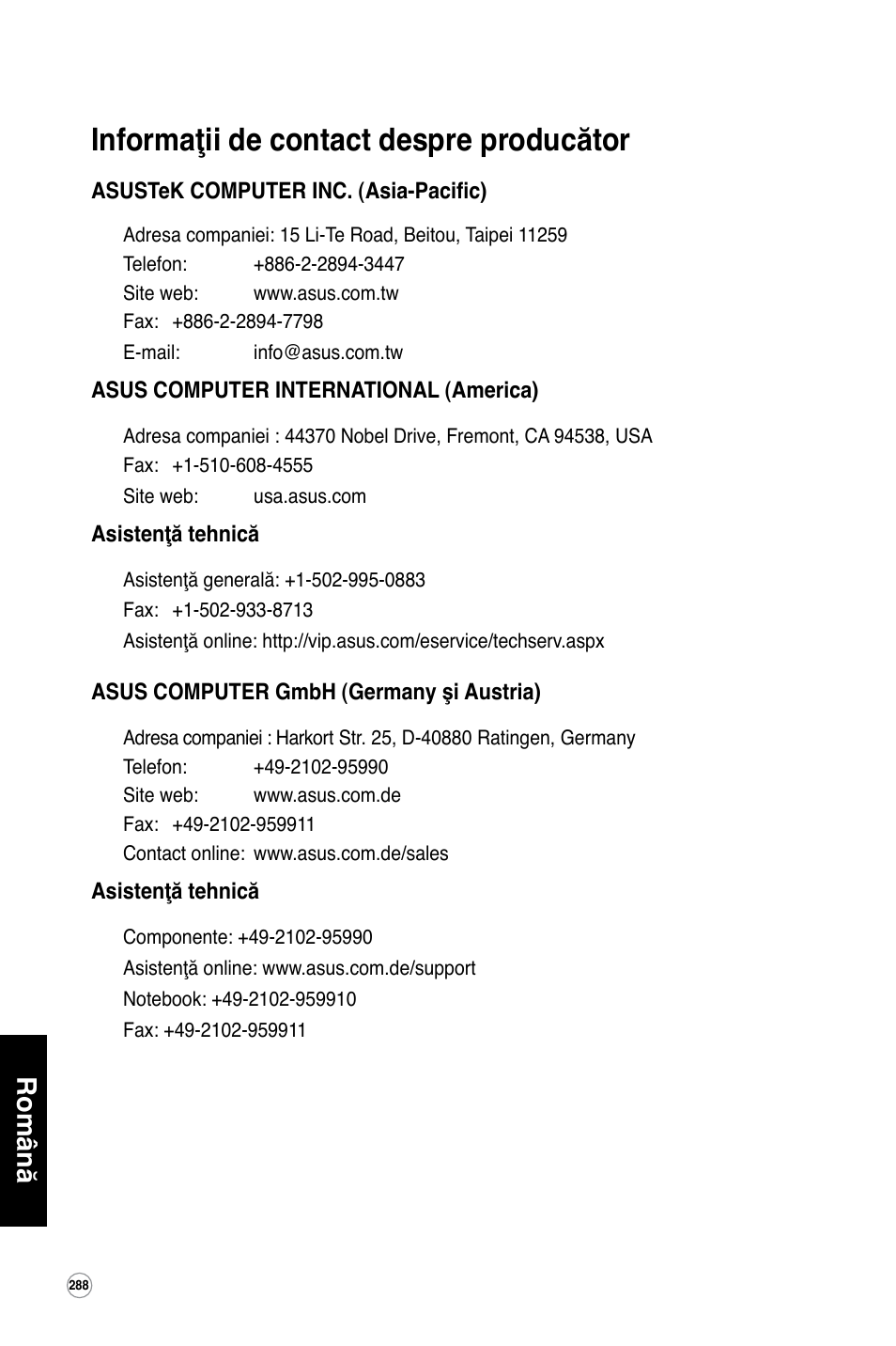 Informaţii de contact despre producător, Română | Asus WL-600g User Manual | Page 289 / 417