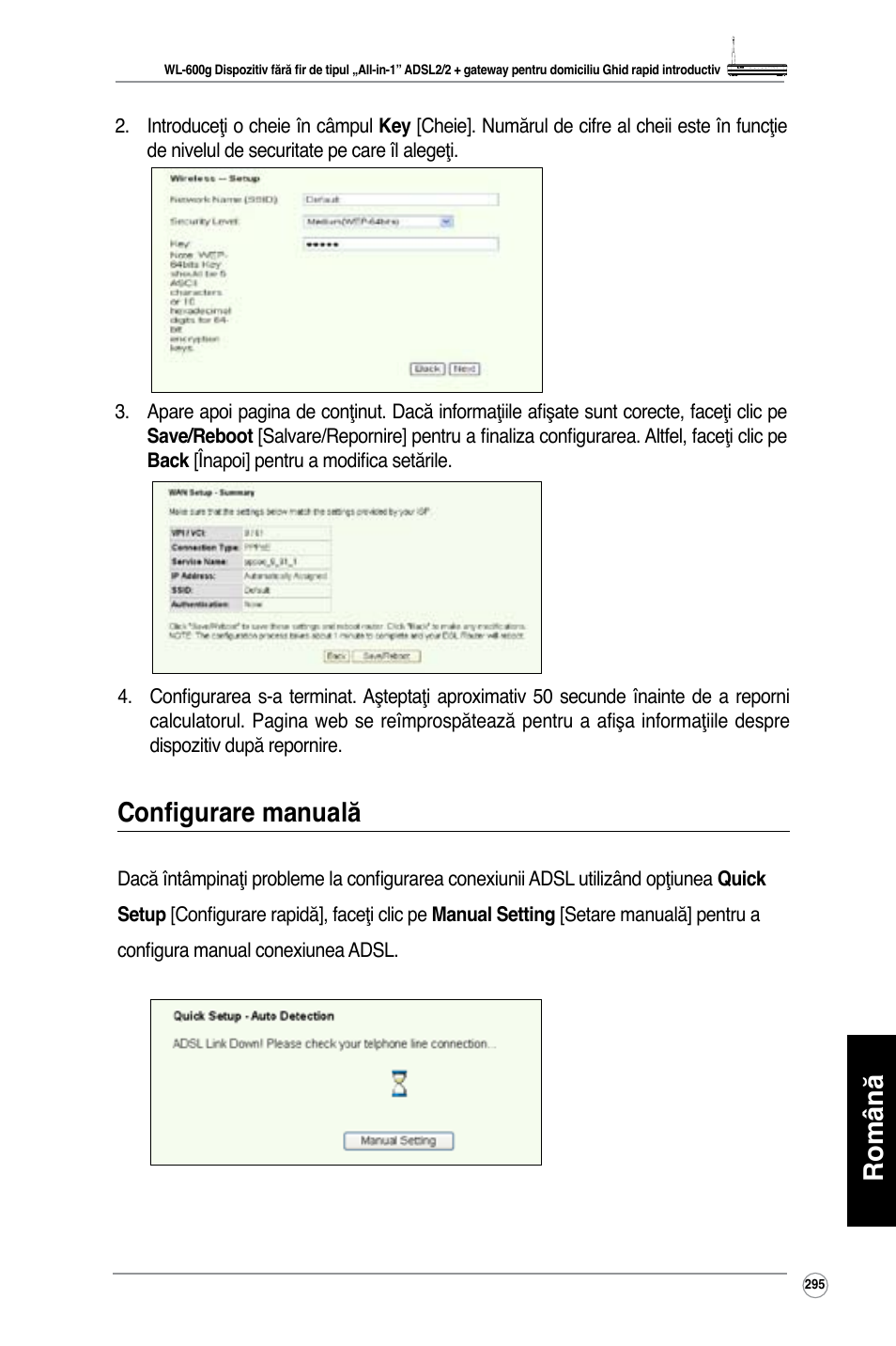 Română, Configurare manuală | Asus WL-600g User Manual | Page 296 / 417