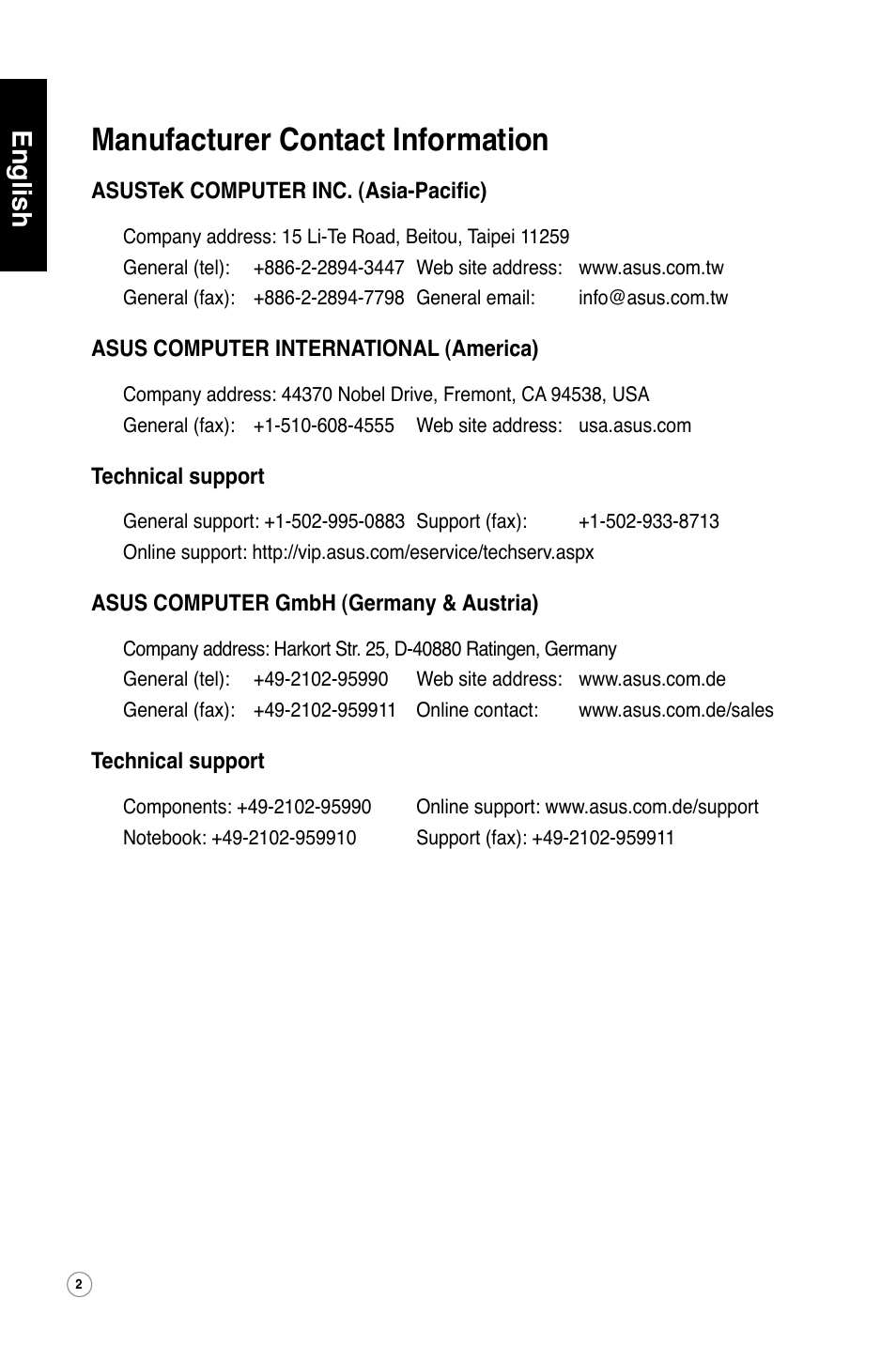 Manufacturer contact information, English | Asus WL-600g User Manual | Page 3 / 417