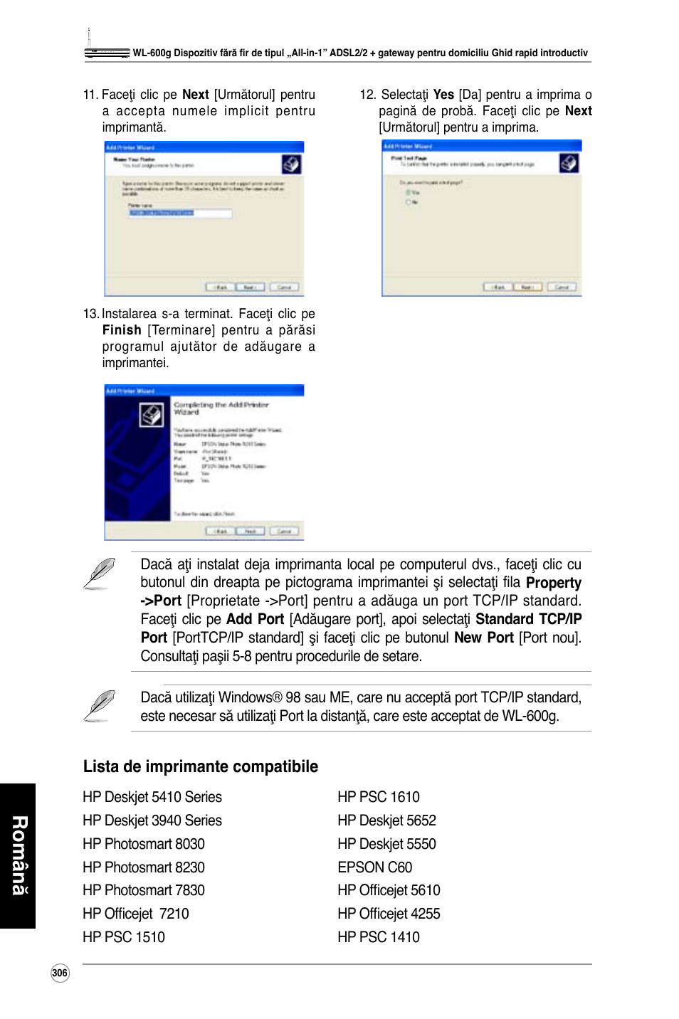 Română, Lista de imprimante compatibile | Asus WL-600g User Manual | Page 307 / 417