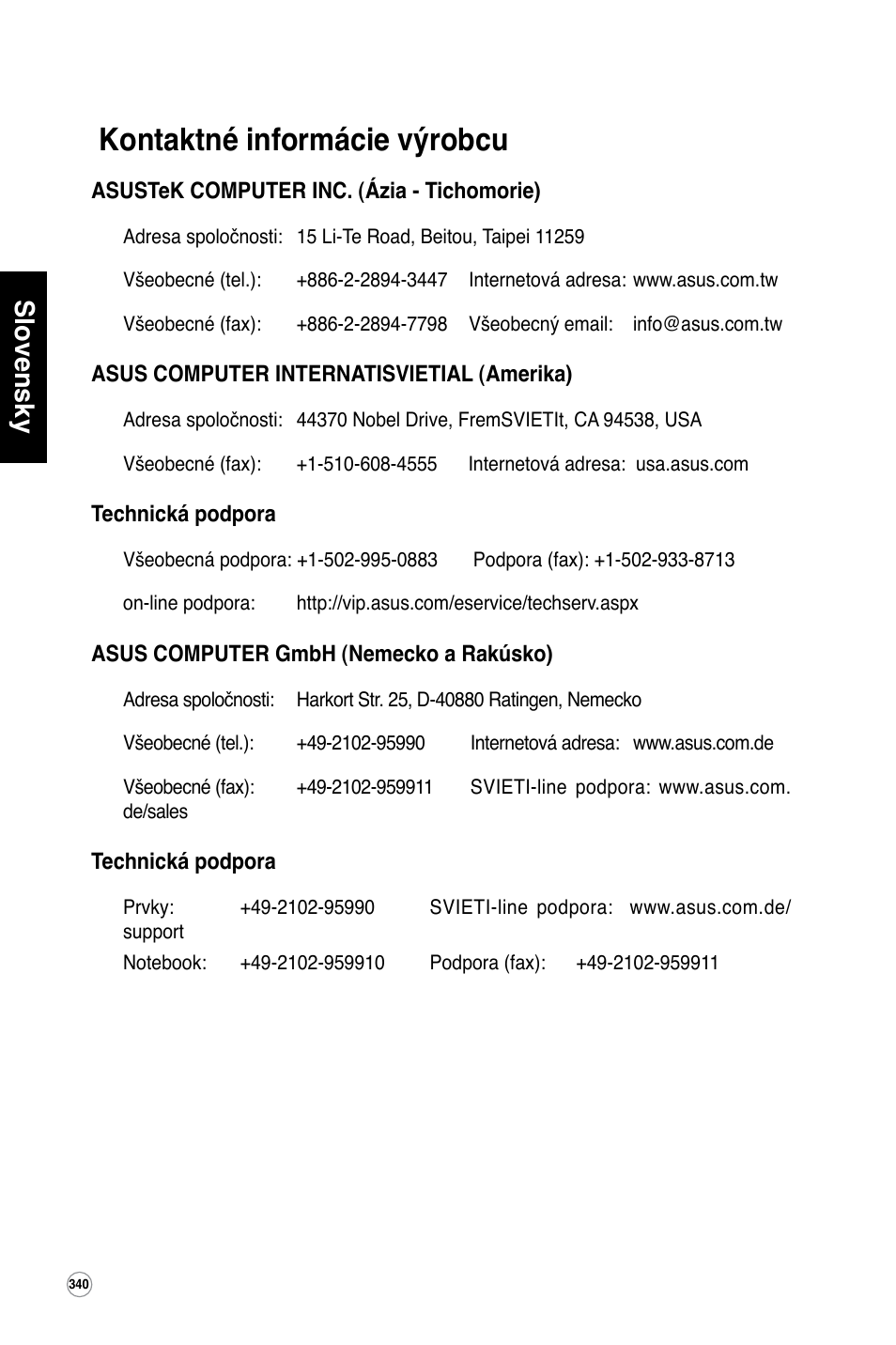 Kontaktné informácie výrobcu, Slovensky | Asus WL-600g User Manual | Page 341 / 417