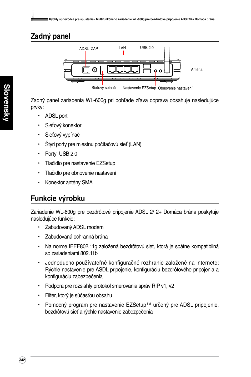 Slovensky zadný panel, Funkcie výrobku | Asus WL-600g User Manual | Page 343 / 417