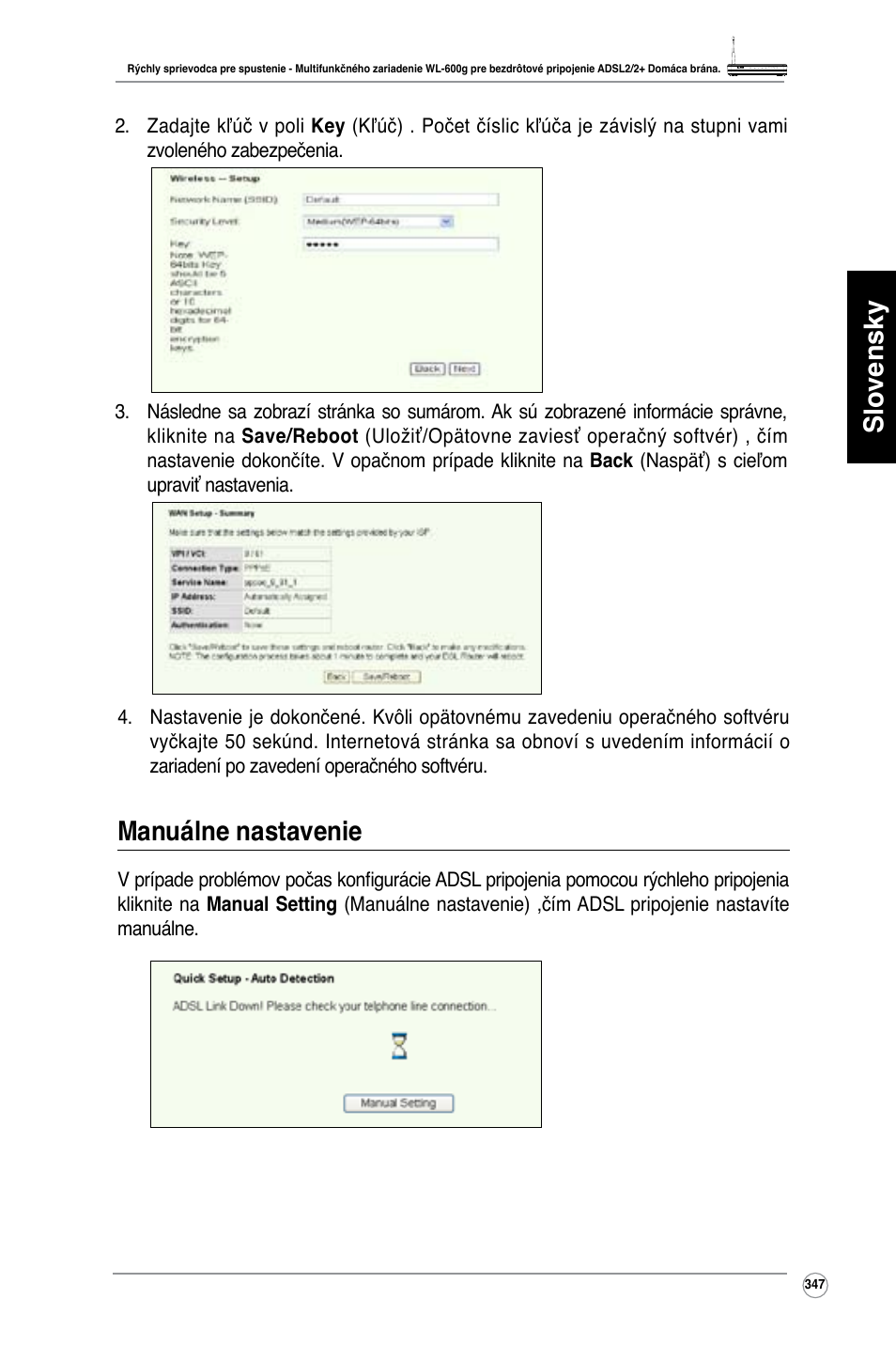 Slovensky, Manuálne nastavenie | Asus WL-600g User Manual | Page 348 / 417