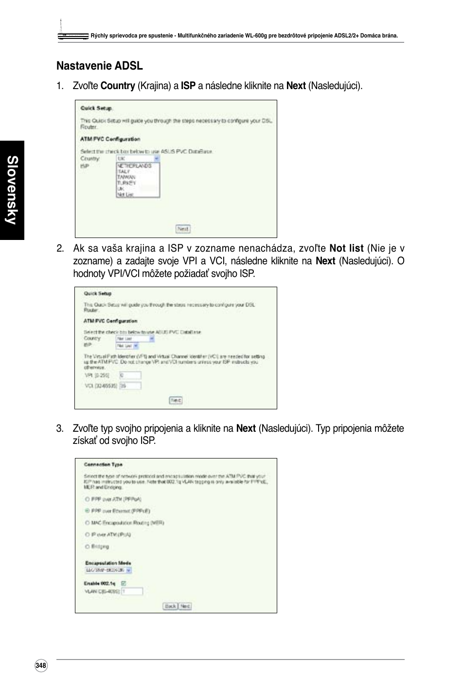 Slovensky, Nastavenie adsl | Asus WL-600g User Manual | Page 349 / 417