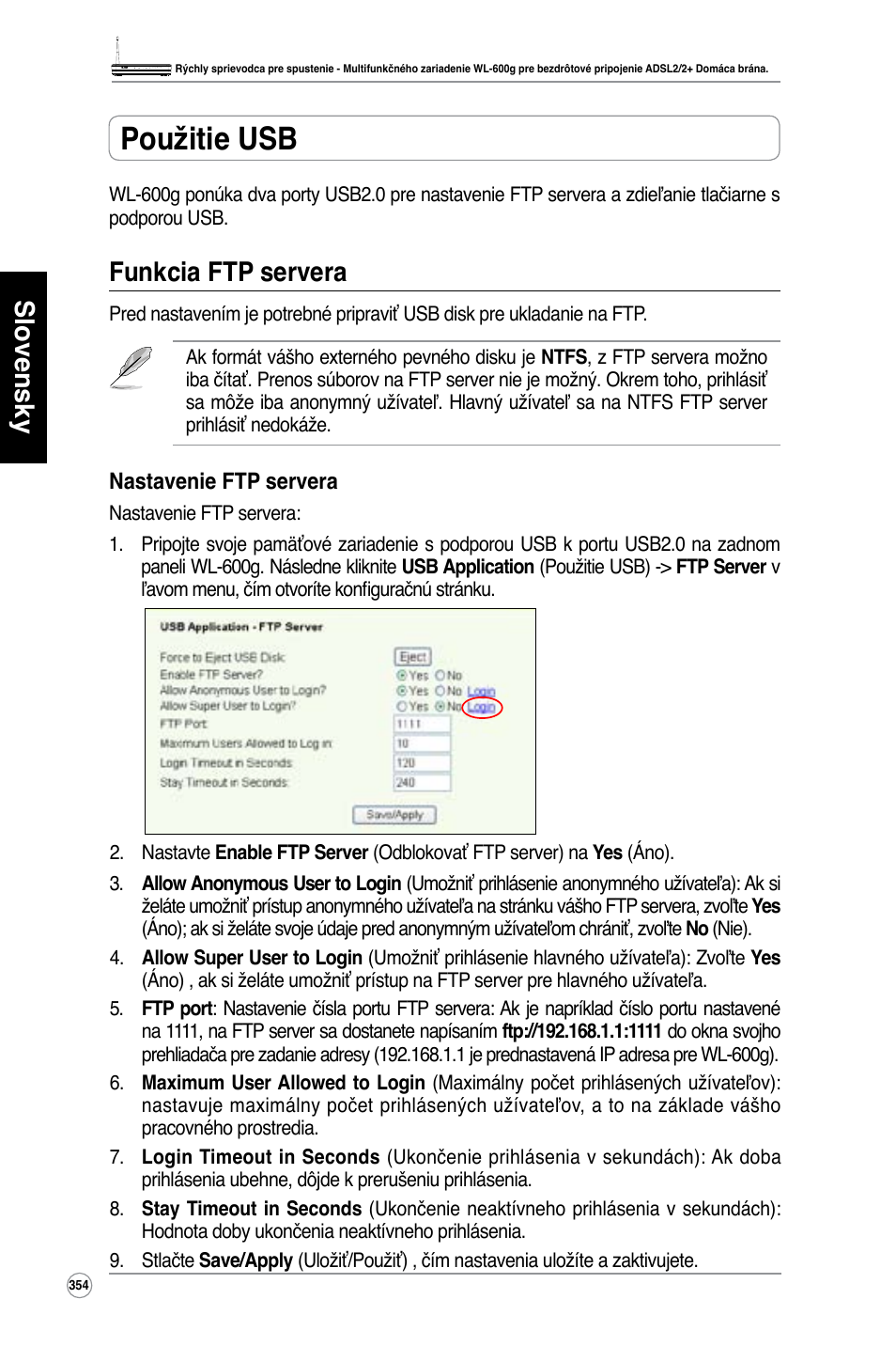 Použitie usb, Slovensky, Funkcia ftp servera | Asus WL-600g User Manual | Page 355 / 417