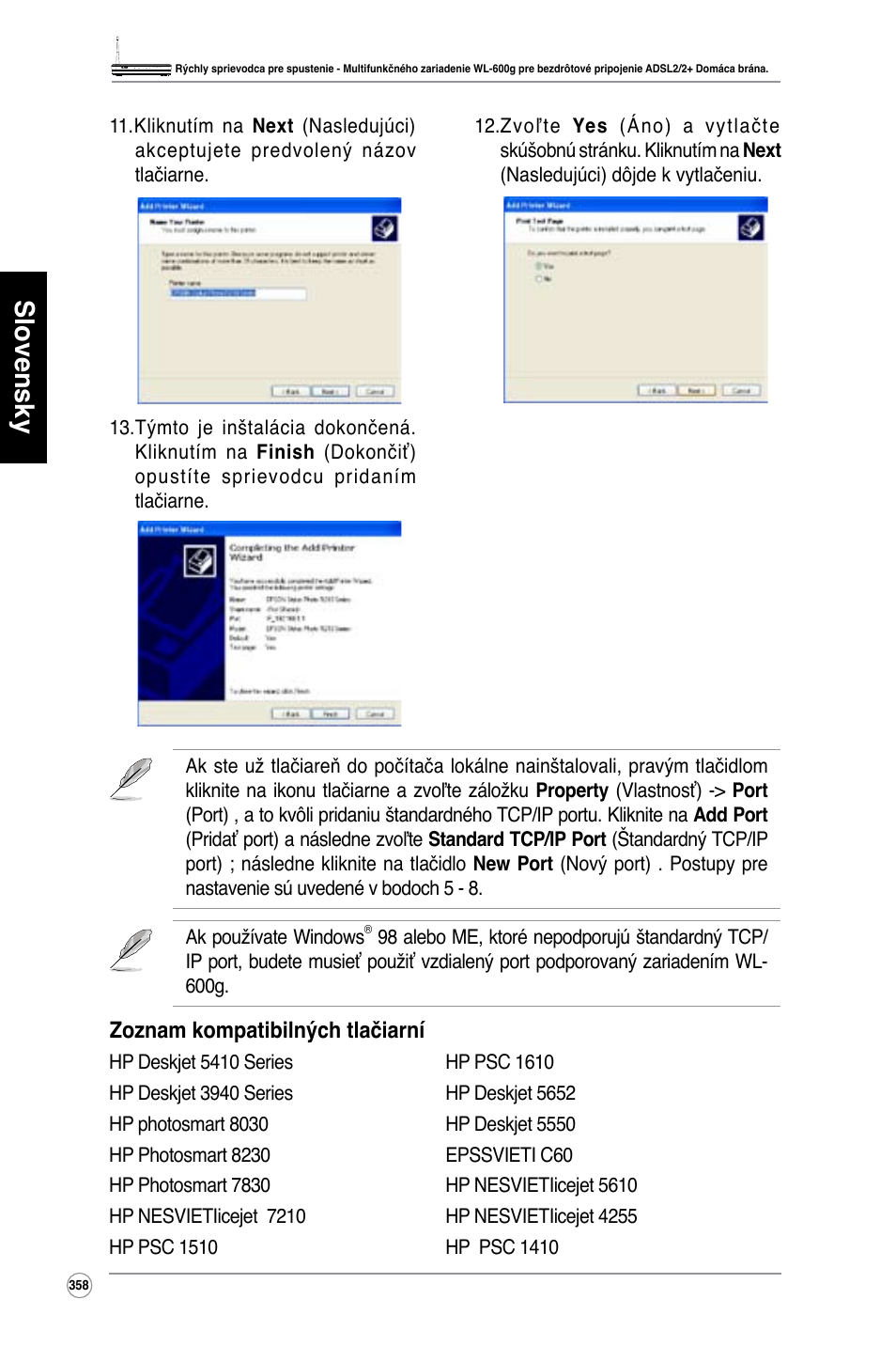 Slovensky, Zoznam kompatibilných tlačiarní | Asus WL-600g User Manual | Page 359 / 417