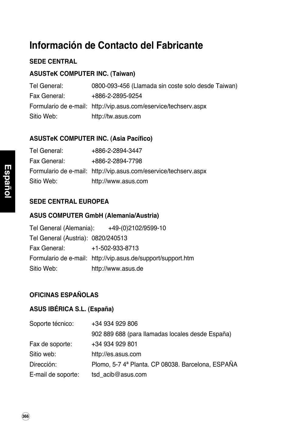 Información de contacto del fabricante, Español | Asus WL-600g User Manual | Page 367 / 417