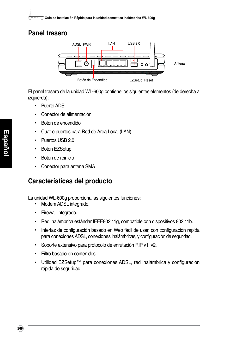 Español panel trasero, Características del producto | Asus WL-600g User Manual | Page 369 / 417