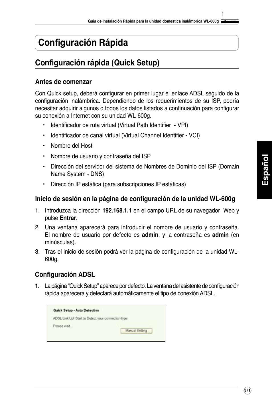 Configuración rápida, Español configuración rápida (quick setup) | Asus WL-600g User Manual | Page 372 / 417