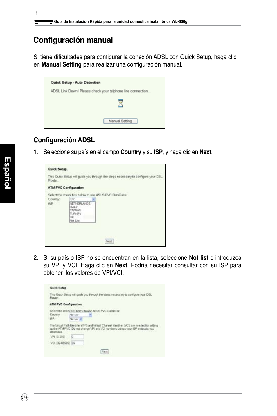 Español configuración manual | Asus WL-600g User Manual | Page 375 / 417