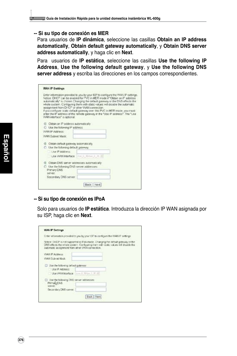 Español | Asus WL-600g User Manual | Page 377 / 417