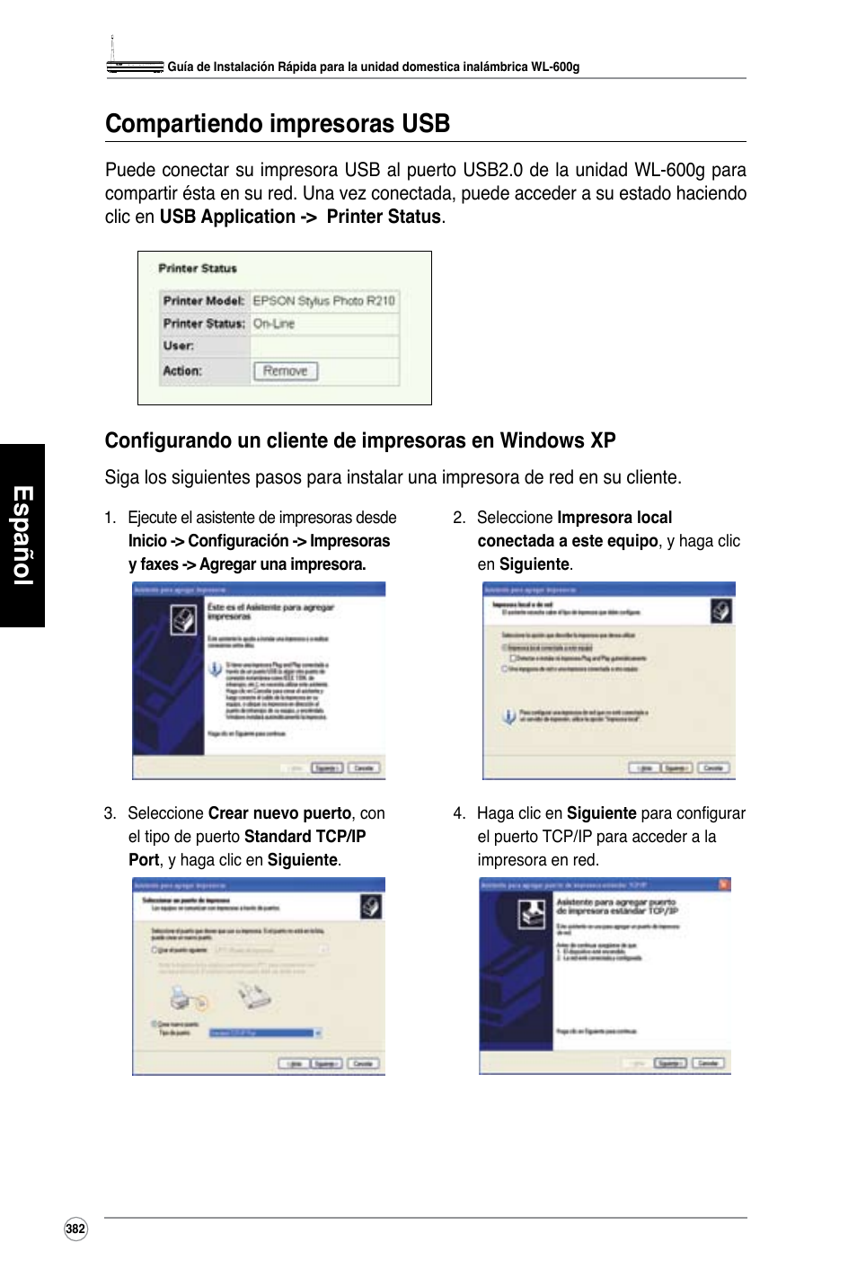 Español compartiendo impresoras usb | Asus WL-600g User Manual | Page 383 / 417