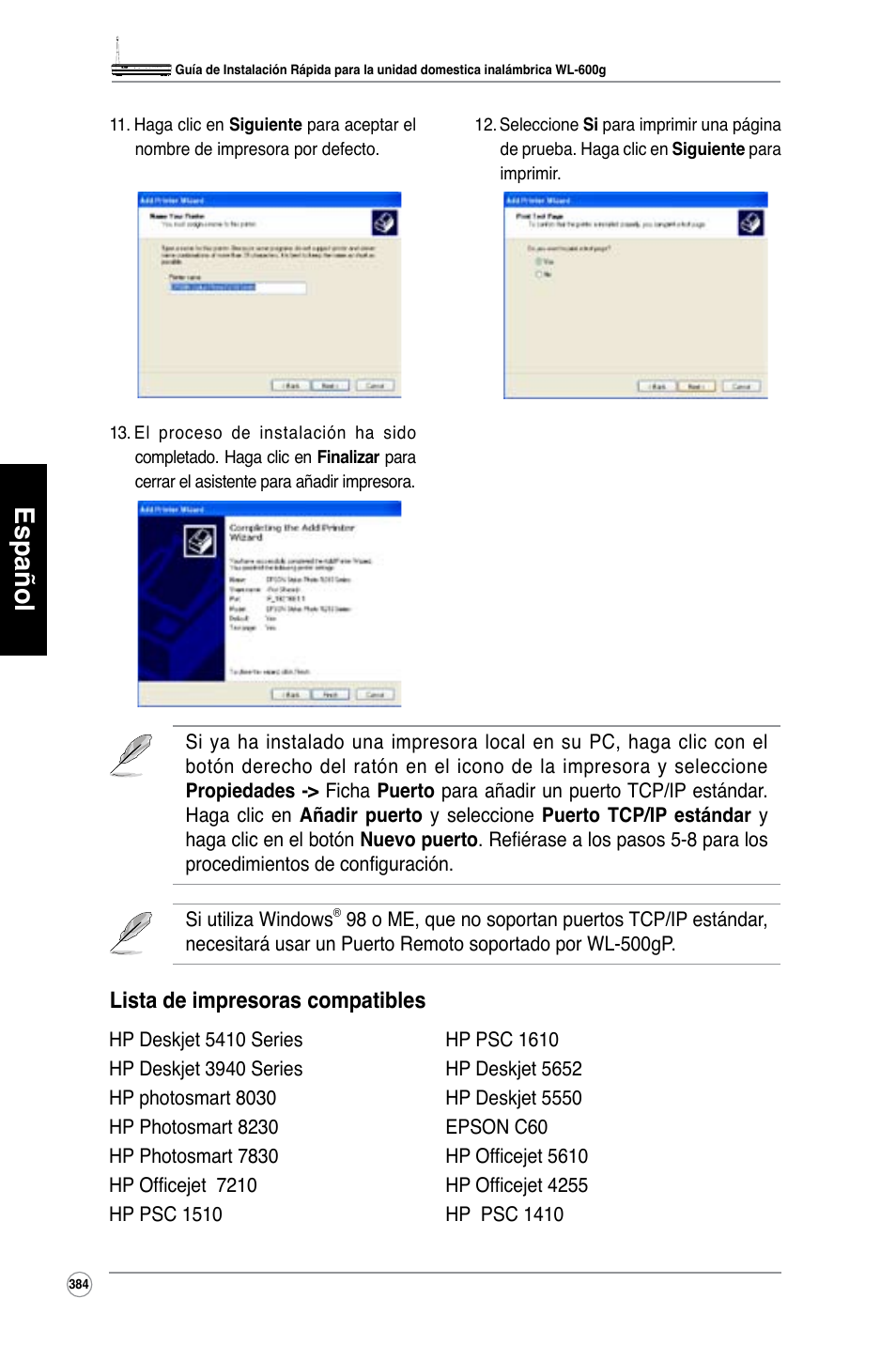 Español, Lista de impresoras compatibles | Asus WL-600g User Manual | Page 385 / 417