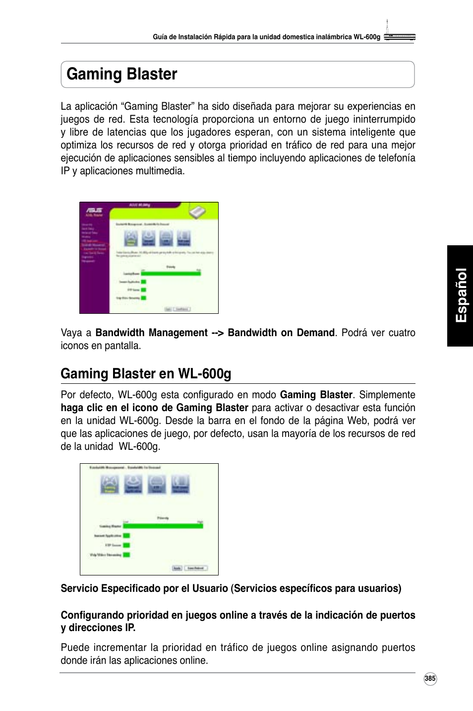 Gaming blaster, Español, Gaming blaster en wl-600g | Asus WL-600g User Manual | Page 386 / 417