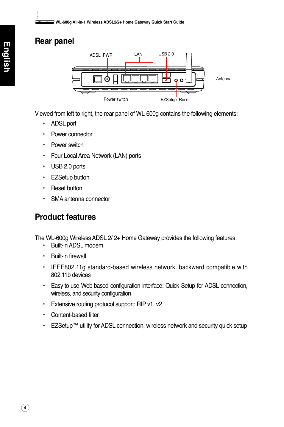 English rear panel, Product features | Asus WL-600g User Manual | Page 5 / 417