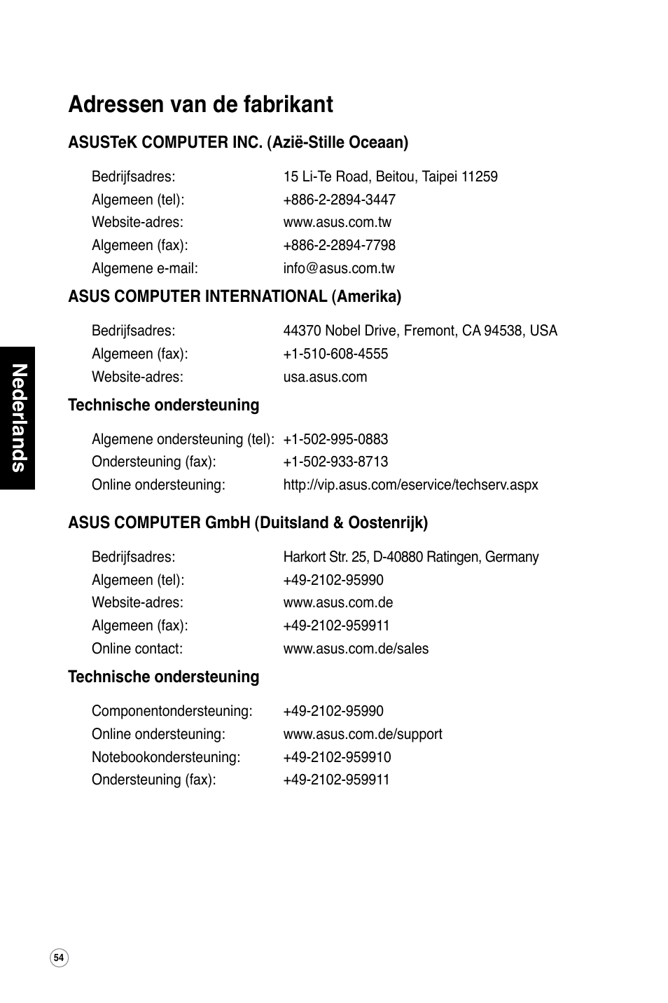 Adressen van de fabrikant, Nederlands | Asus WL-600g User Manual | Page 55 / 417