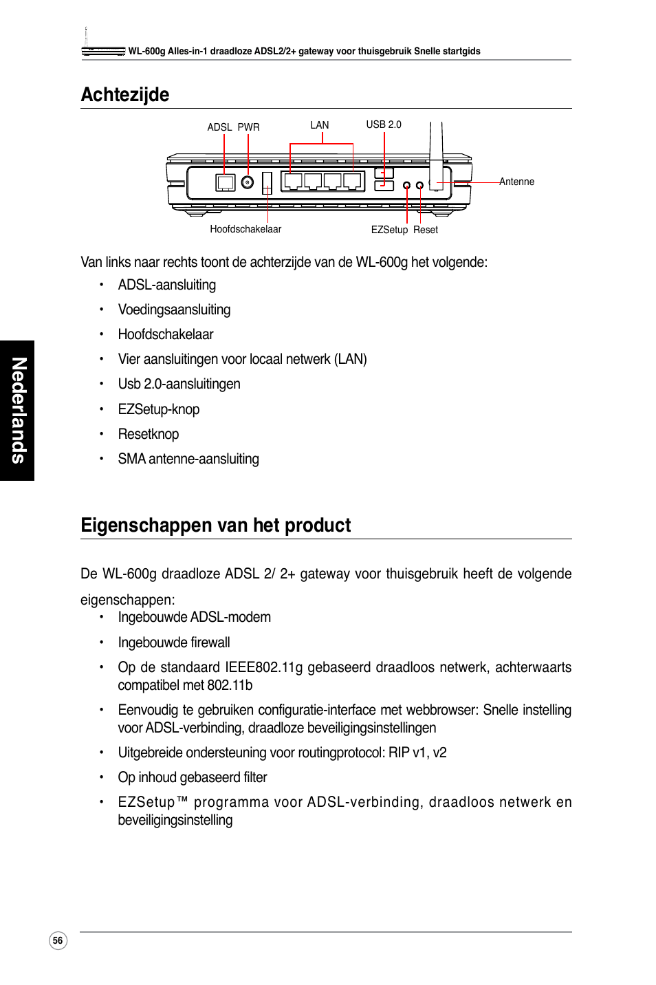 Nederlands achtezijde, Eigenschappen van het product | Asus WL-600g User Manual | Page 57 / 417