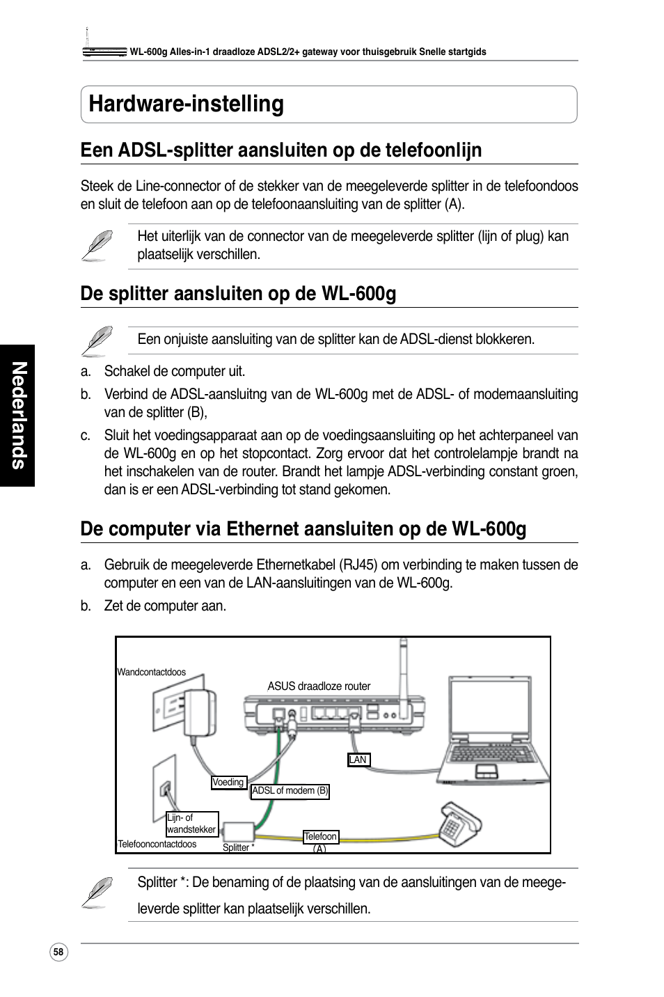 Hardware-instelling, De splitter aansluiten op de wl-600g, De computer via ethernet aansluiten op de wl-600g | Asus WL-600g User Manual | Page 59 / 417